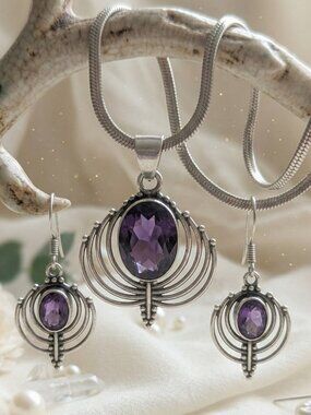 S925 Art Deco Bridgerton Genuine Amethyst Pendant Earring Set Snake Chain 16.5in